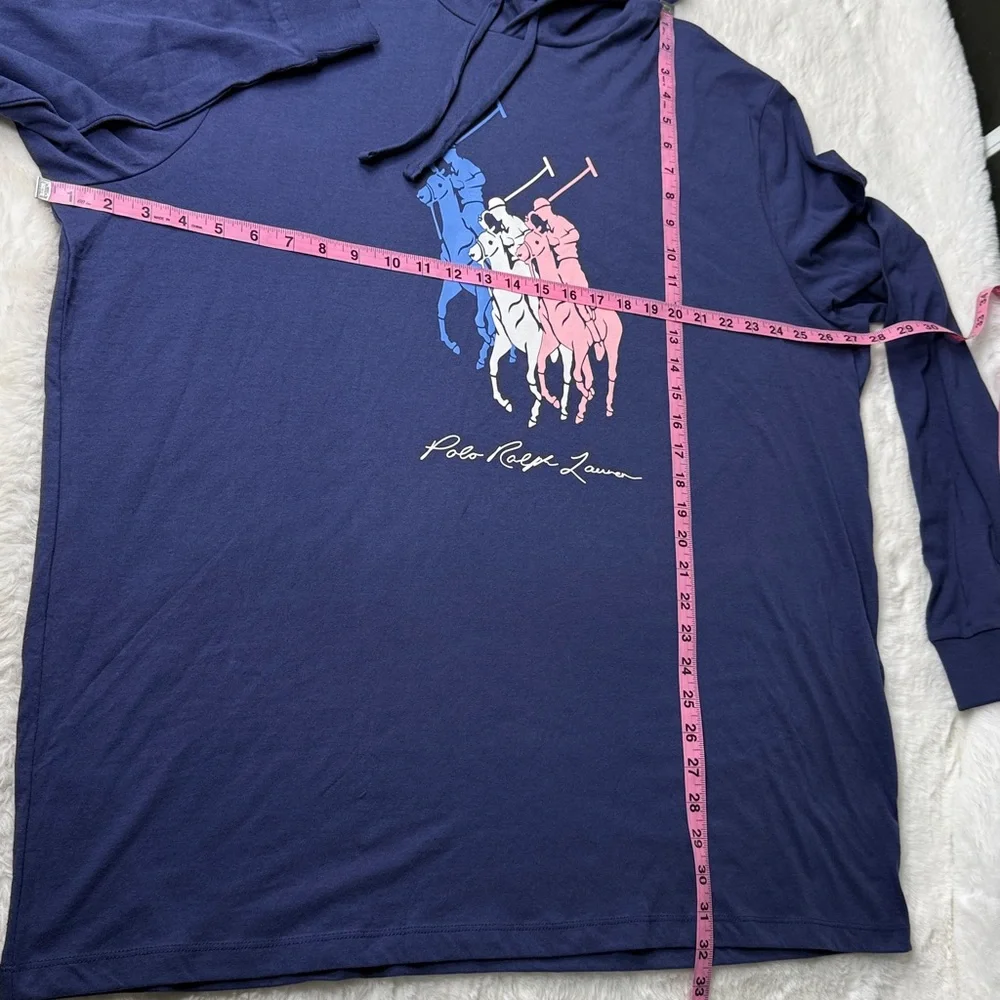Polo Ralph Lauren 3 Big Pony Jersey Hooded T Shirt‎ Hoodie XXL Navy Long Sleeve